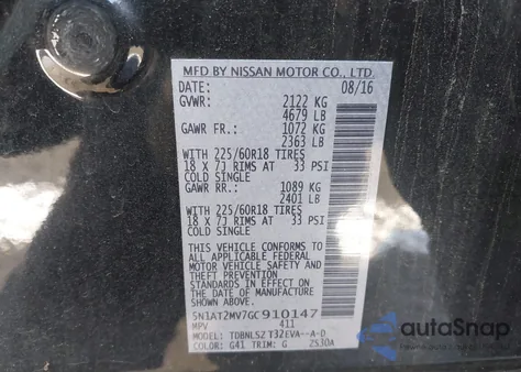 2016 Nissan Rogue Sl from USA, damaged, VIN 5N1AT2MV7GC910147
